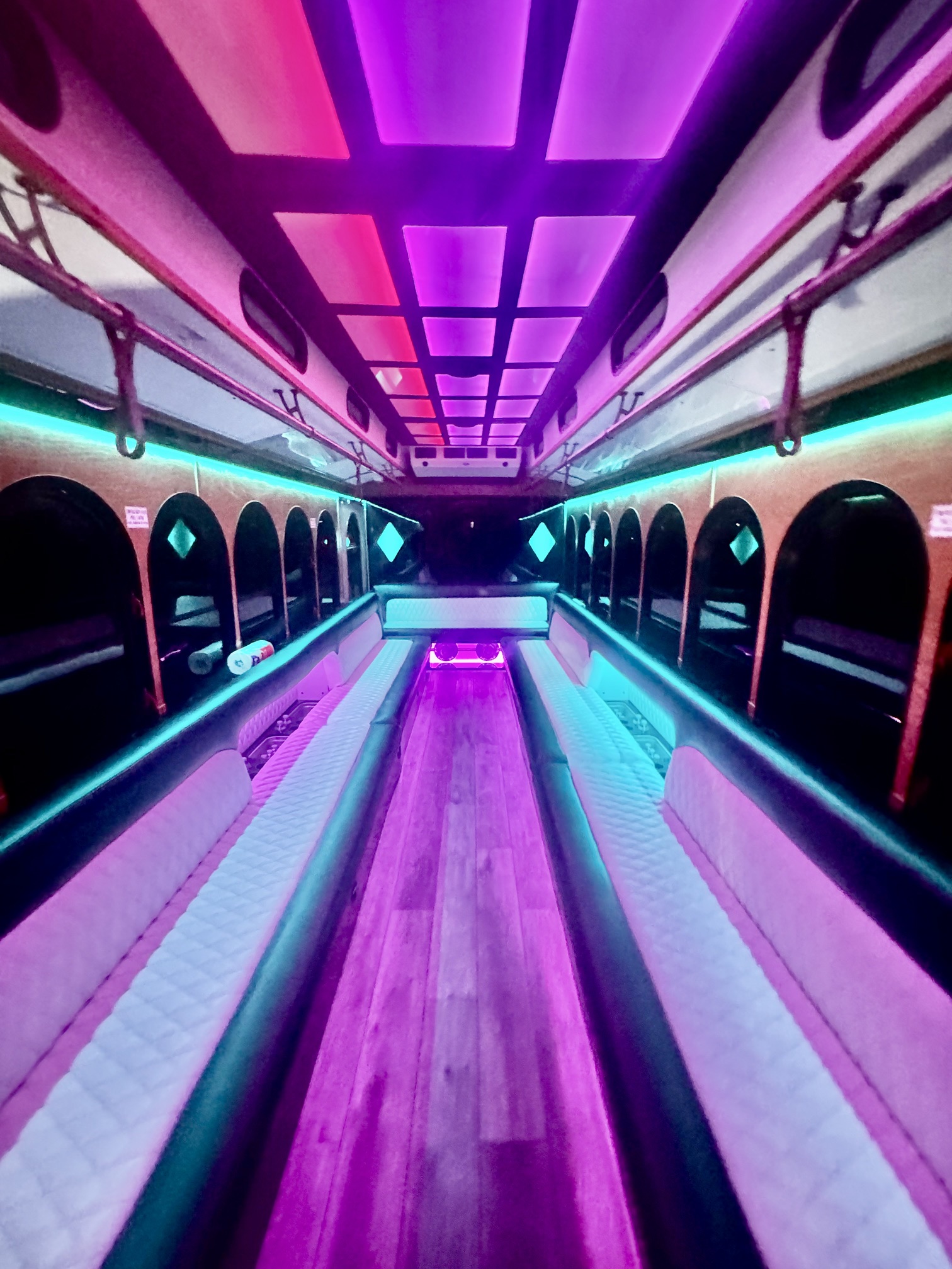 Party bus interior with LED lighting